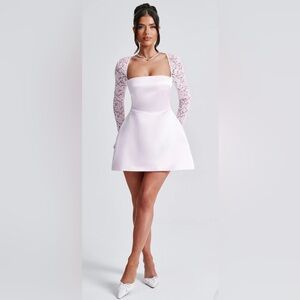 Lace-Sleeve Satin Mini Dress in Light Pink
